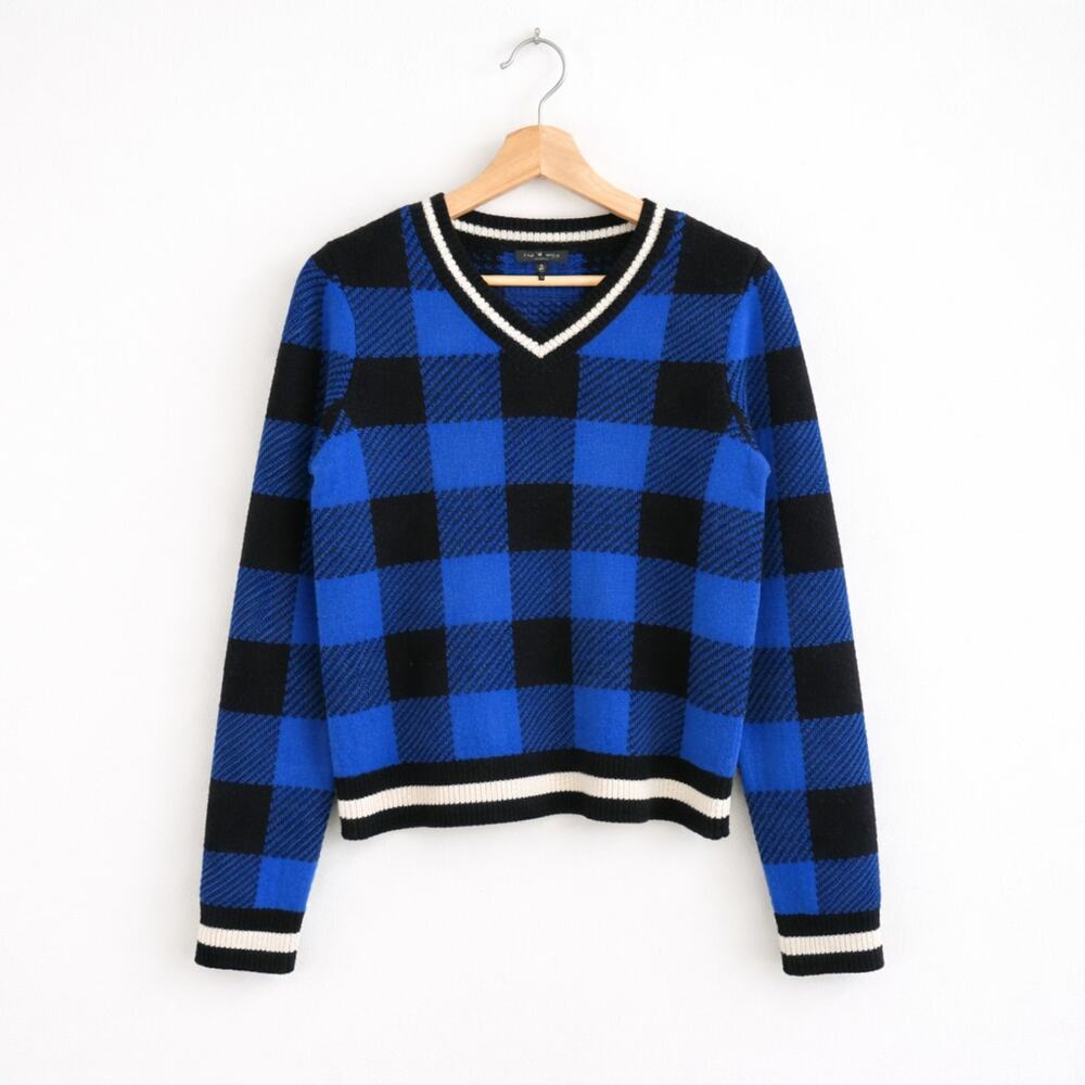 Rag & Bone Gabby Wool Buffalo Check V-Neck Pullover Sweater Blue/Black S